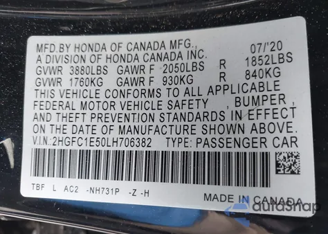 2020 Honda Civic Si Sedan z USA, uszkodzony, nr VIN 2HGFC1E50LH706382